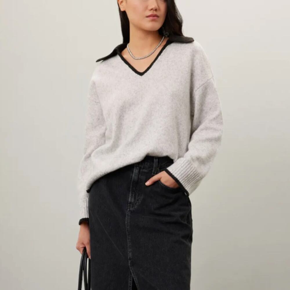 WeWoreWhat Gray Black Polo Sweater MEDIUM Oversized Tunic Preppy Soft $100